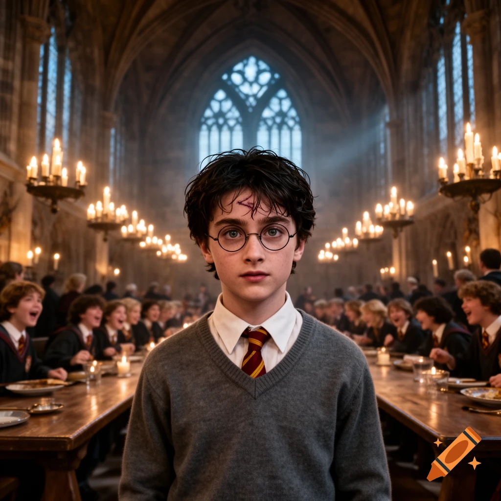 Photorealistic image of a young boy resembling Harry Potter with a lightning scar and round glasses, standing in a grand, candlelit hall.