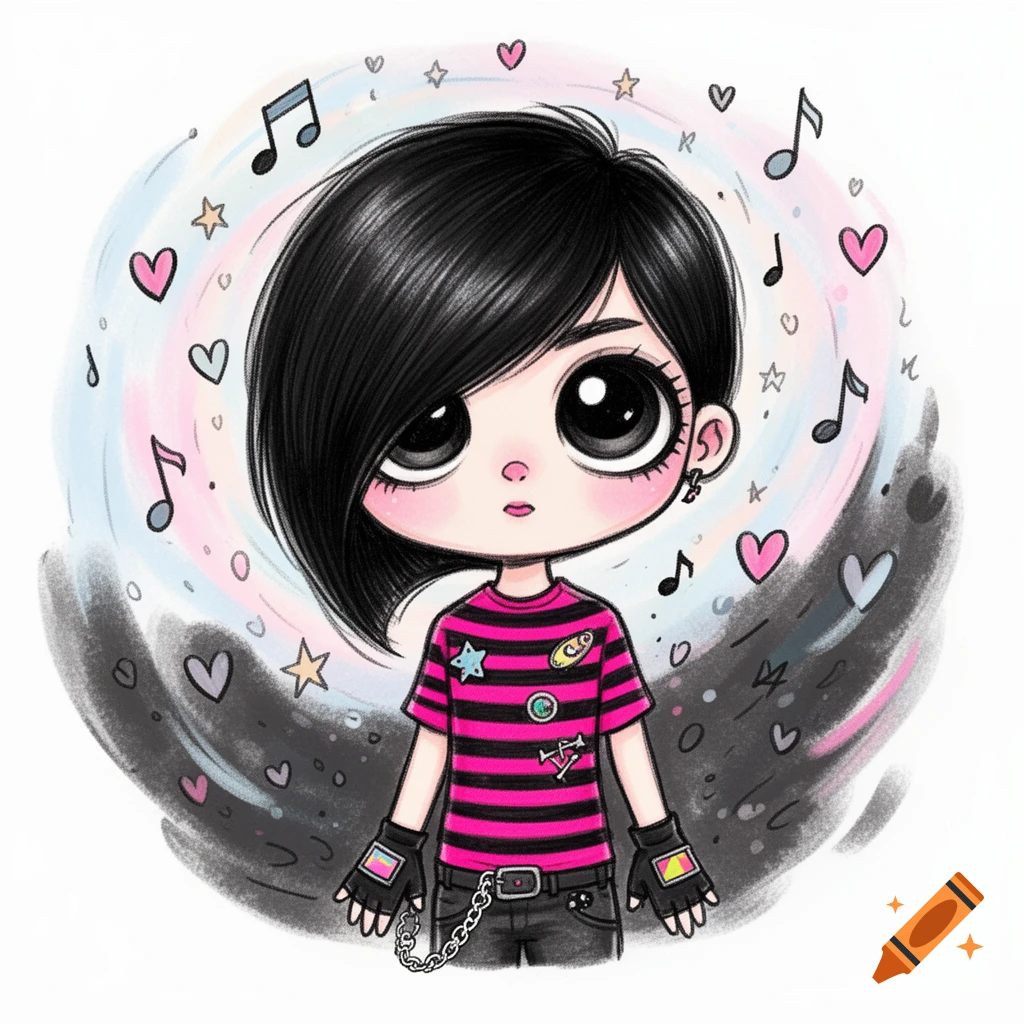 A cute, big-eyed, cartoon emo girl with black hair and a pink and black striped shirt, surrounded by hearts and music notes.