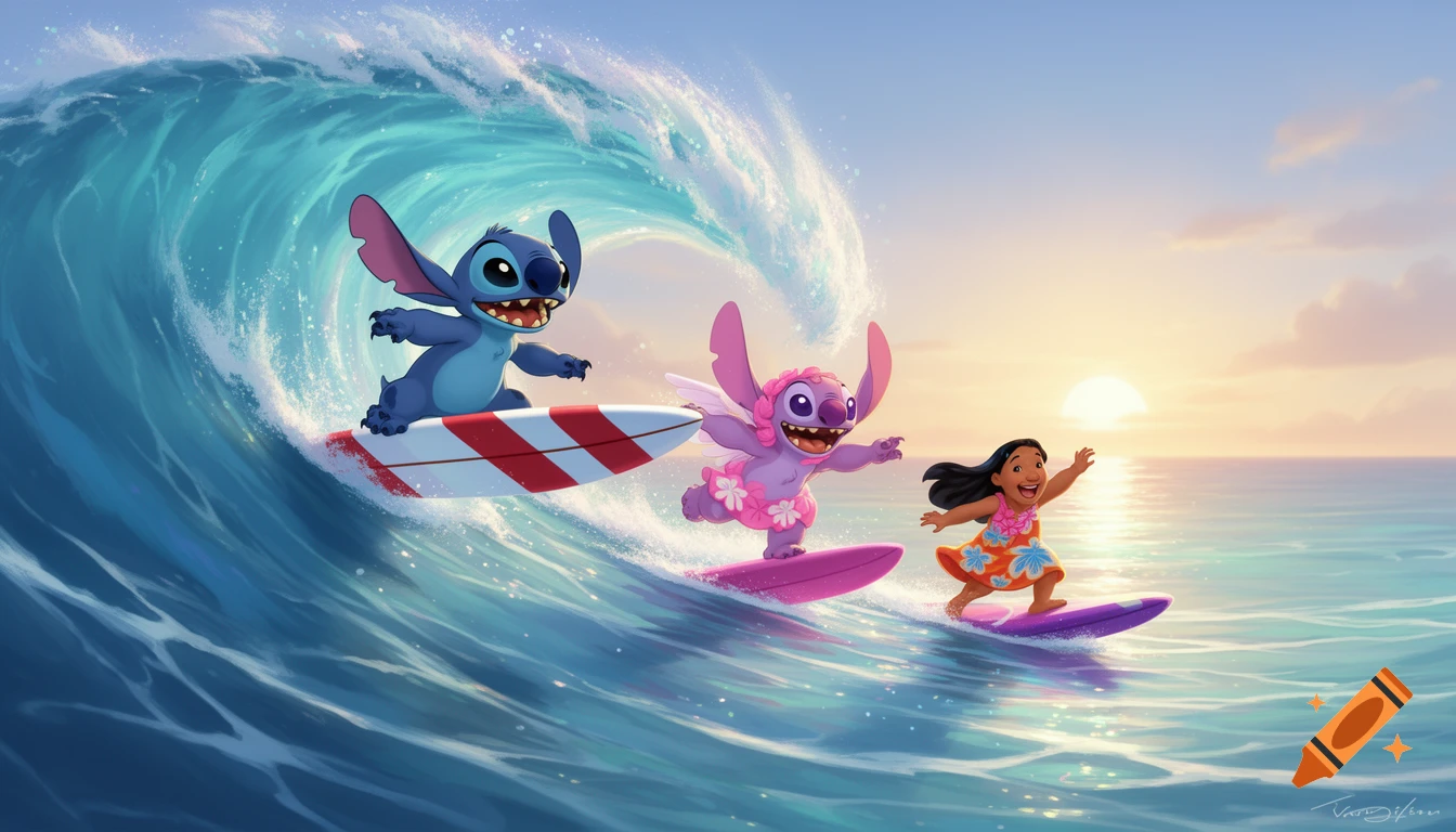 Stitch, Angel Stitch, and Lilo surf a large blue wave in the ocean at sunset, with Stitch on a red-striped board.