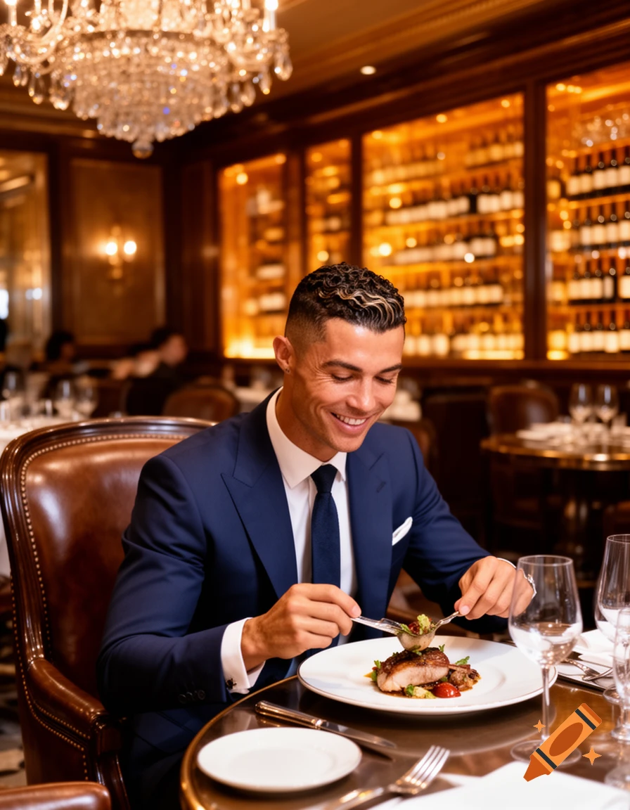 Cristiano Ronaldo smiles while eating a meal in an elegant restaurant with a large chandelier and wine display.
