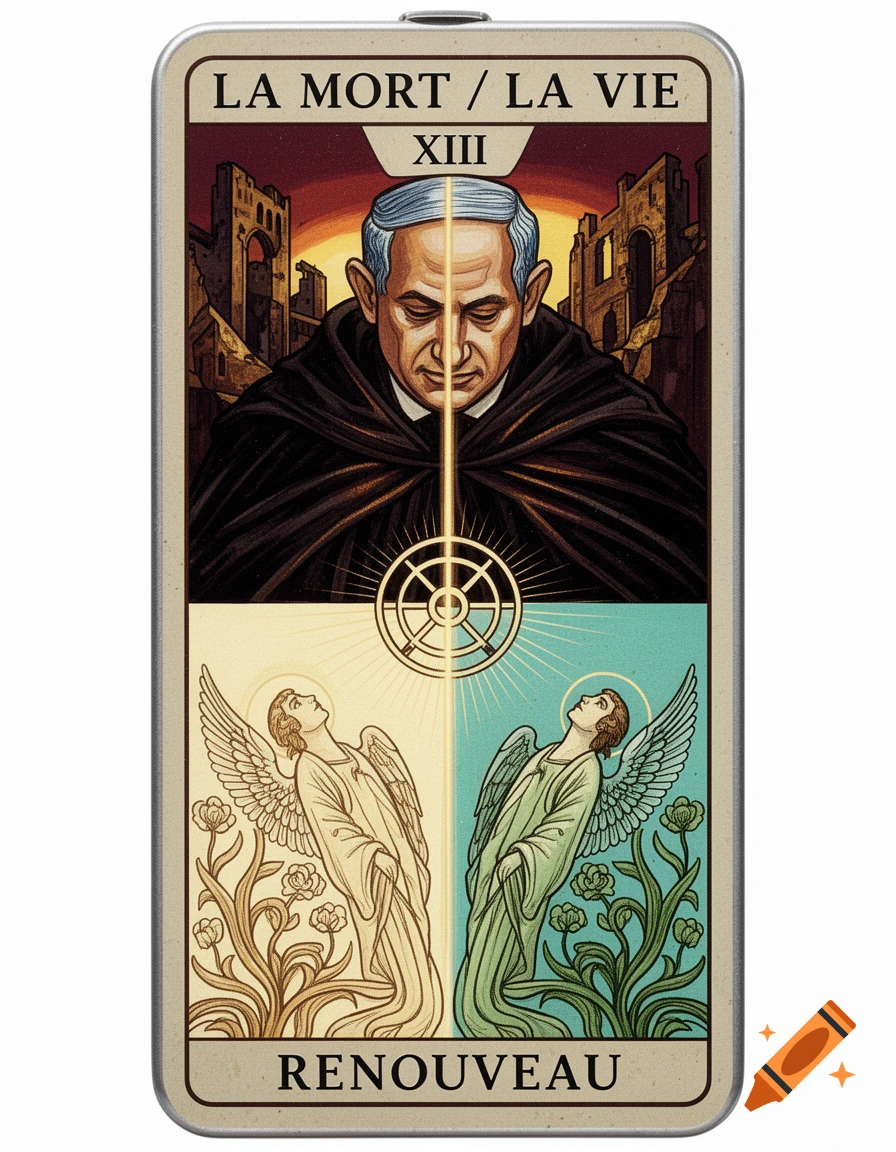 A stylized tarot card with Benjamin Netanyahu in a dark cloak over ruins, with kneeling angels and text 'LA MORT / LA VIE', 'XIII', and 'RENOUVEAU'.