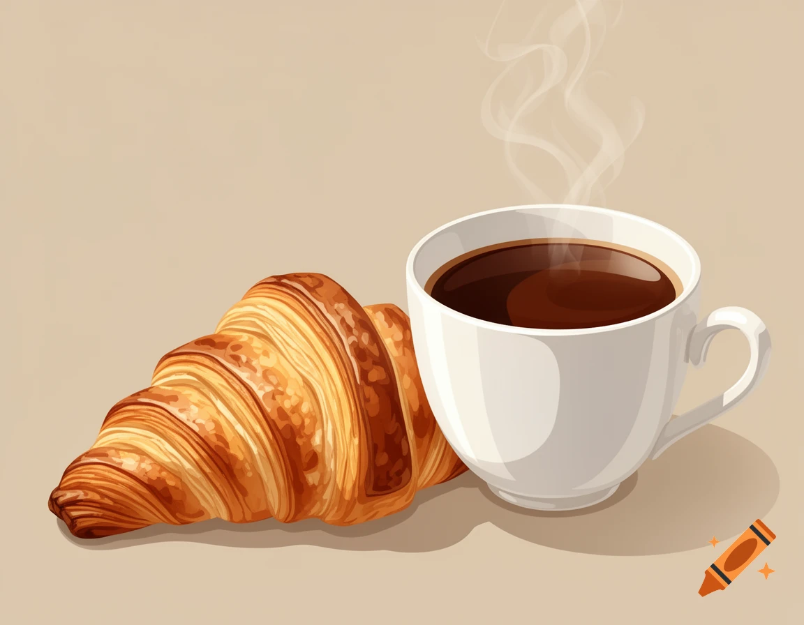 A stylized illustration of a golden croissant next to a steaming white cup of coffee on a beige background.