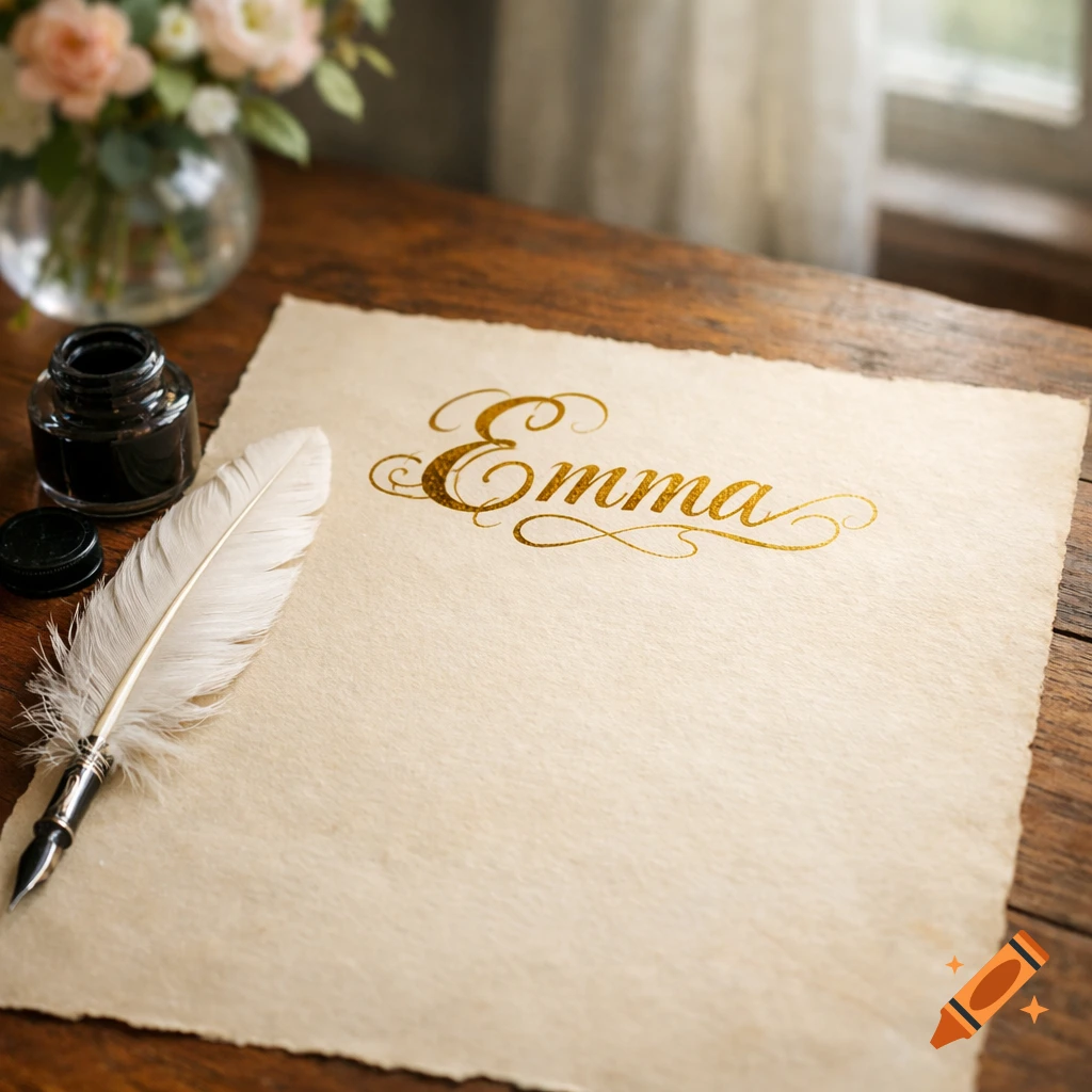 The name 'Emma' in elegant gold script on a piece of old paper, with a quill and an inkwell on a wooden desk.