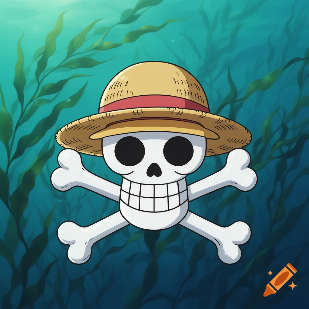 The One Piece Straw Hat Pirates Jolly Roger, a skull wearing a straw hat with crossed bones, floats in an animated underwater scene with kelp.