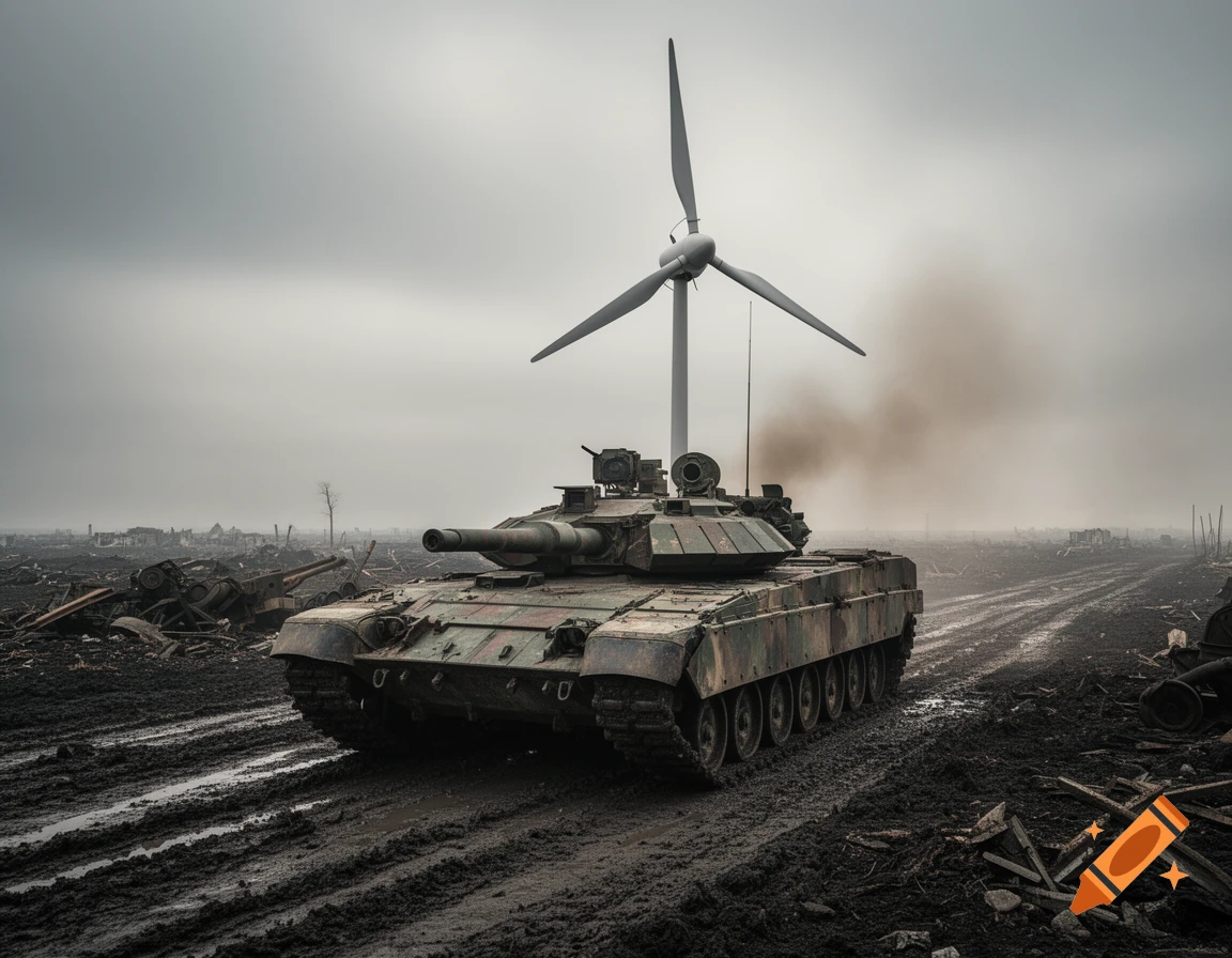 A military tank sits on a muddy, desolate battlefield, with a large wind turbine and smoke in the background under a grey sky.