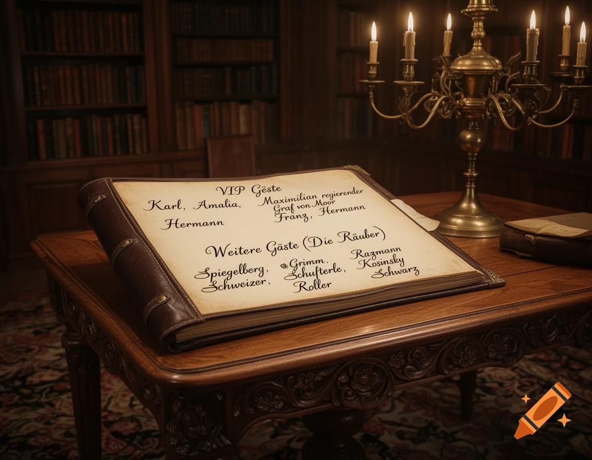 An open guest list book on a wooden desk with ornate carvings, illuminated by a candelabra with lit candles in a dimly lit library with bookshelves in the background.