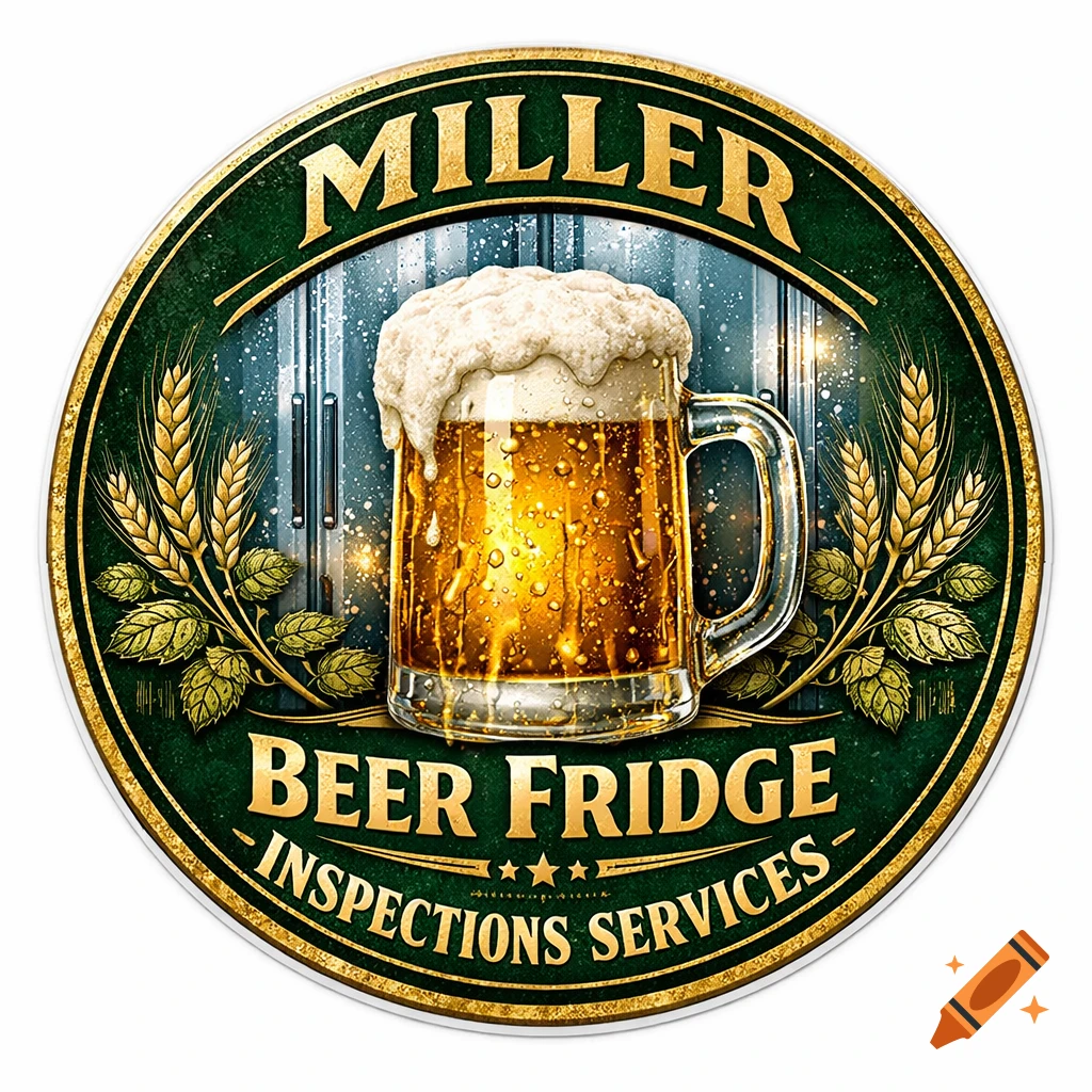A circular sticker logo featuring a frothy mug of beer with wheat and hops, and text that reads 'MILLER BEER FRIDGE INSPECTIONS SERVICES' on a dark green and gold background.