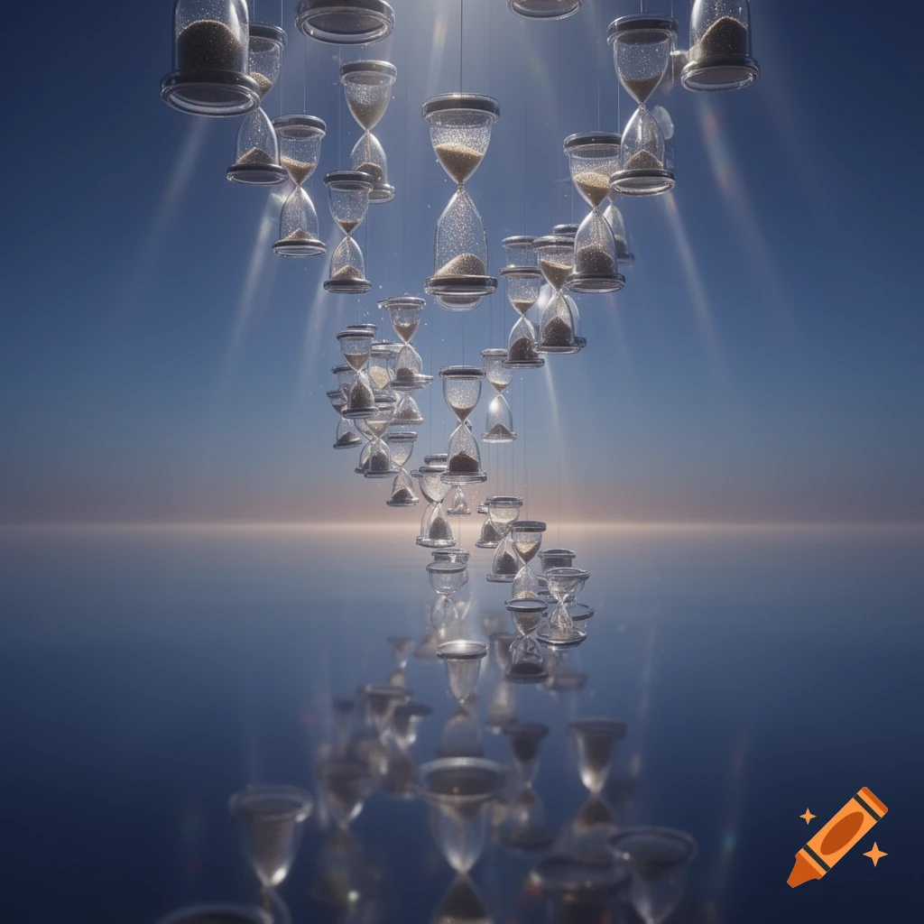 Many hourglasses filled with sand are suspended in a twisting spiral above a calm, reflective water surface under a clear blue sky.