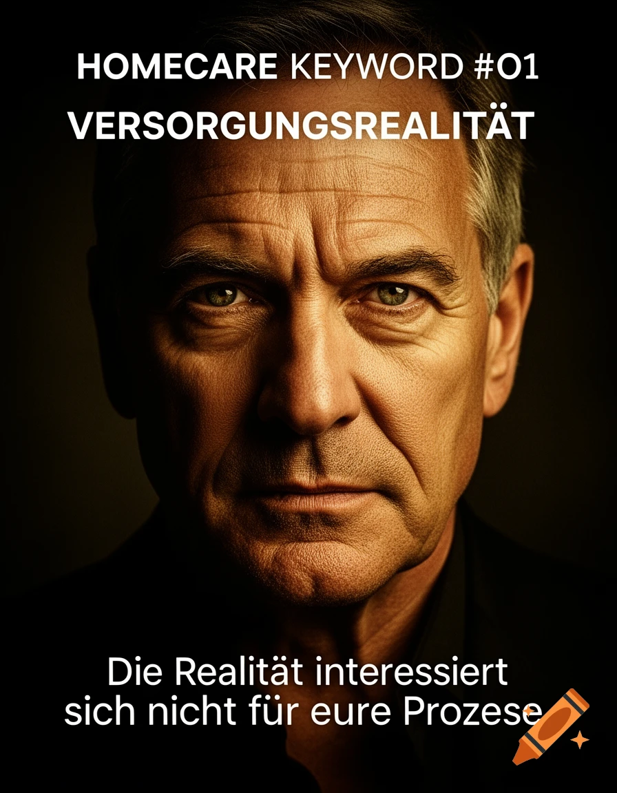 Cinematic portrait of a serious older man with intense eyes, overlaid with German text about homecare.