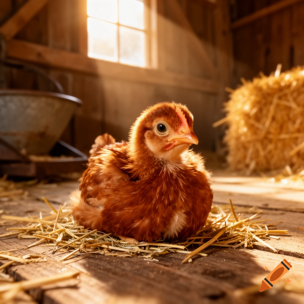 A fluffy brown chick with a red comb sits on straw in a sunlit barn.