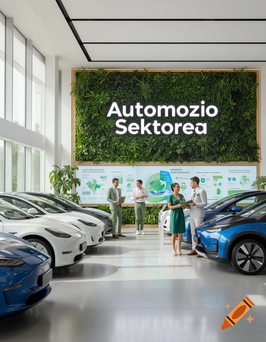 A modern car showroom with several electric vehicles, a large vertical garden wall, and businesspeople discussing.