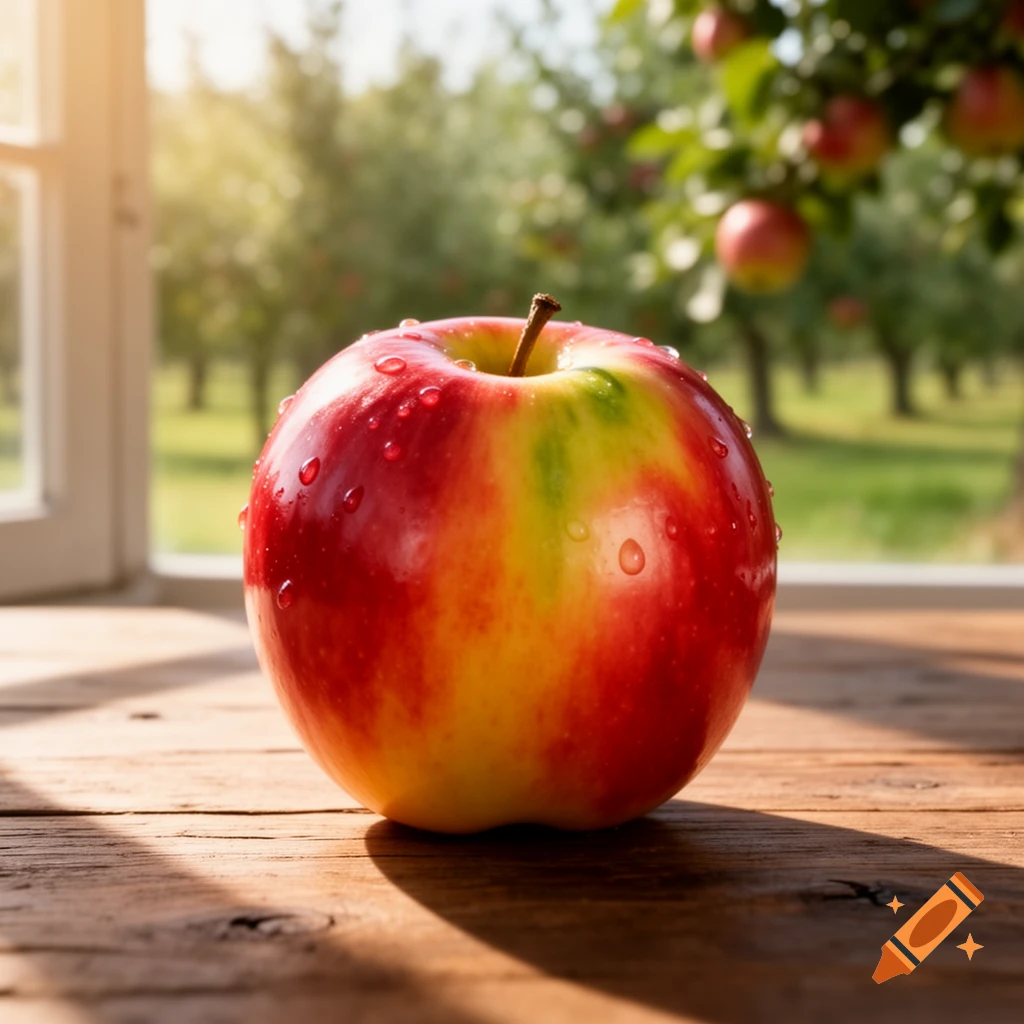 A vibrant red and yellow apple with water droplets on a rustic wooden table, bathed in sunlight from a window looking out onto an apple orchard.
