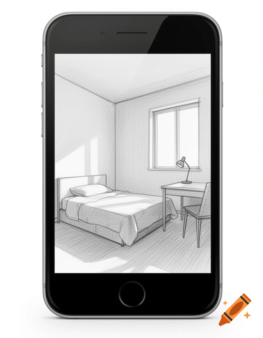 A black smartphone displaying a monochrome pencil sketch of a minimalist bedroom with a bed, desk, chair, and window.