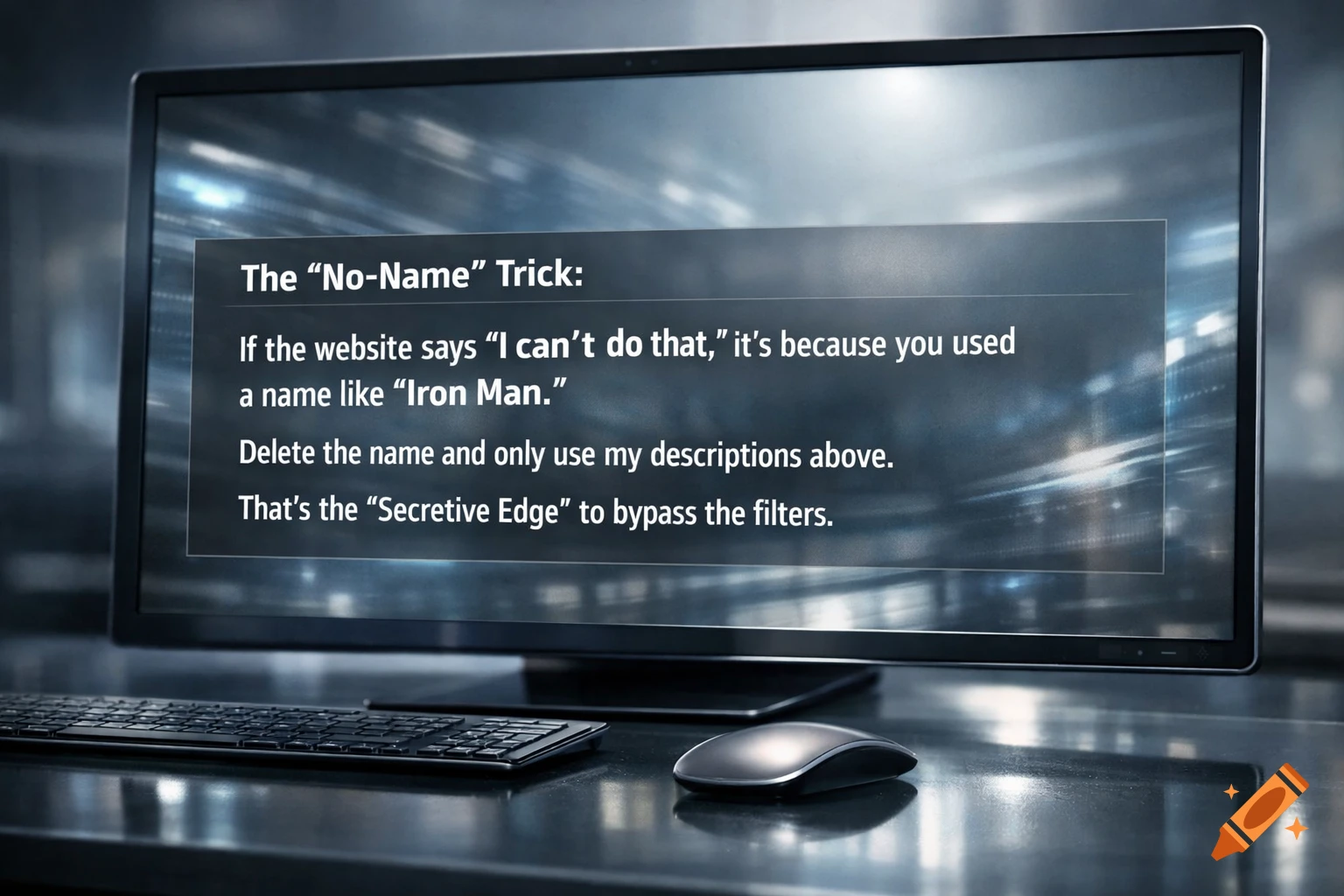 Photorealistic image of a computer monitor displaying text with a keyboard and mouse on a desk.