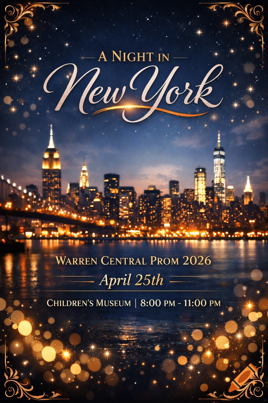 A dark blue prom invitation for 'A Night in New York' featuring a sparkling nighttime New York City skyline with reflections on the water, bordered by golden flourishes. Event details are listed: Warren Central Prom 2026, April 25th, Children's Museum, 8:00 PM - 11:00 PM.