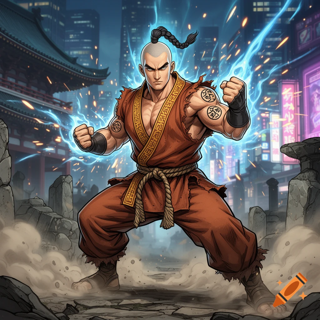 A muscular warrior monk with a topknot and tattoos in a torn orange gi, surrounded by blue energy, in a dynamic urban setting at night, in a manga style.