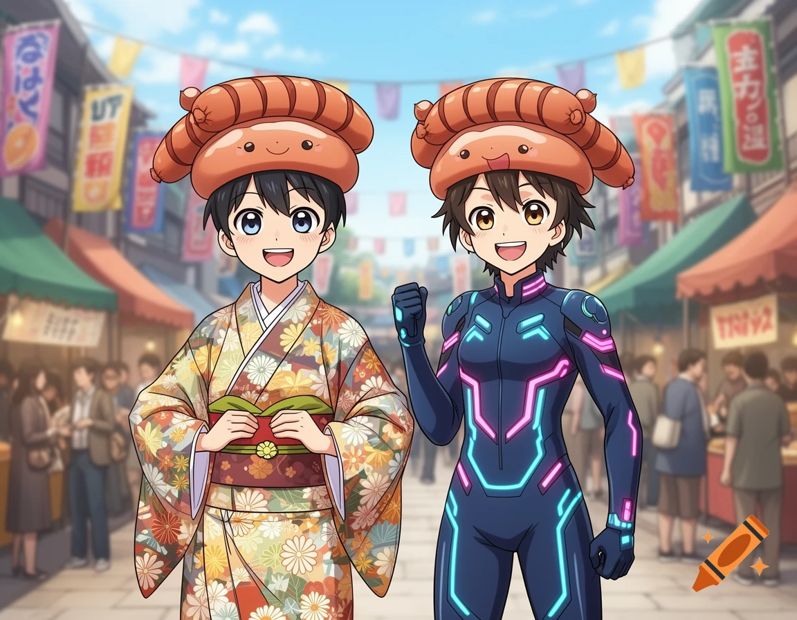 Two anime characters, one in a floral kimono and one in a glowing blue and pink suit, both wear smiling sausage hats at a lively market.