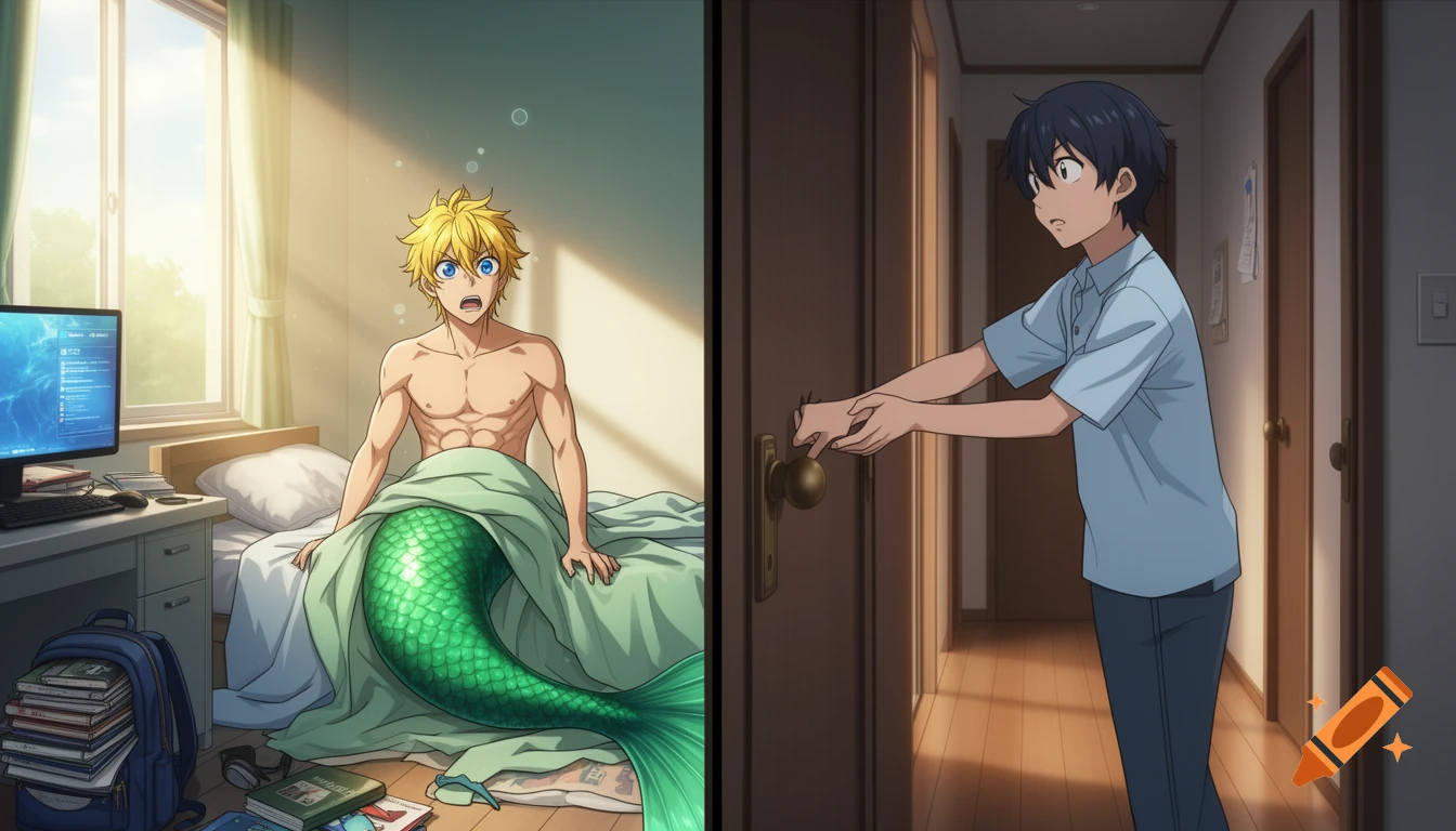 An anime merman with a green tail and blond hair sits on a bed, alarmed as a boy opens the door to his room.