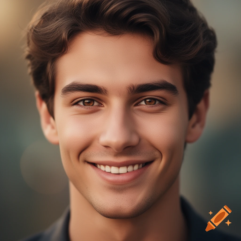 Close-up, photorealistic portrait of a young man with brown wavy hair ...