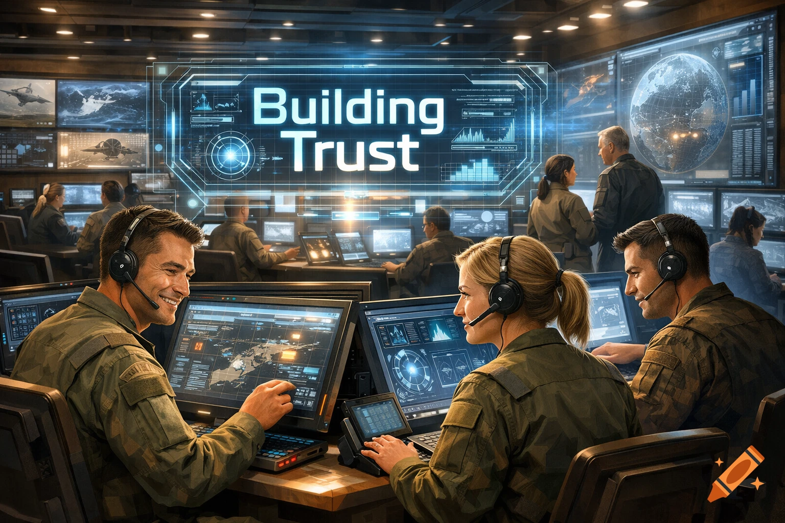 Military personnel in a high-tech control room work at computers with data displays, a large screen shows "Building Trust".