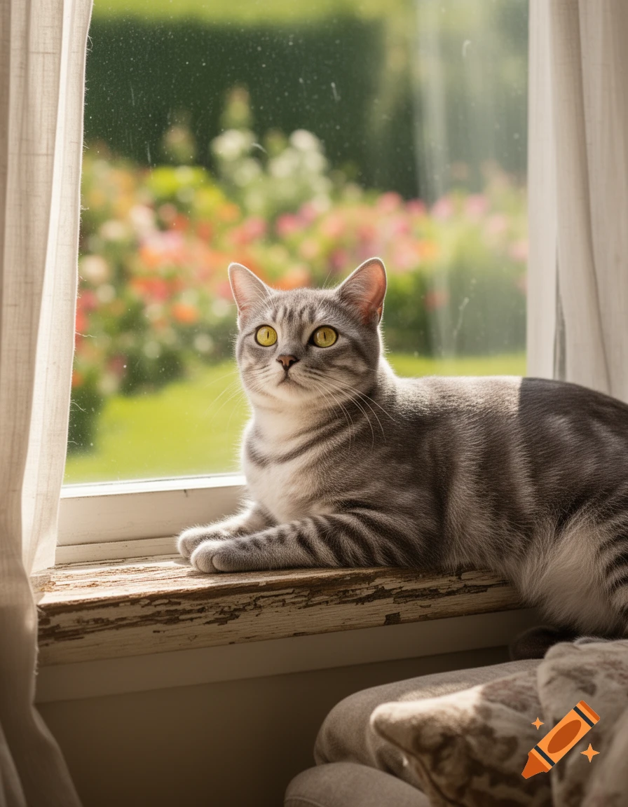 A photorealistic gray tabby cat with yellow eyes lies on a weathered window sill, looking up, with a sunny green garden and colorful flowers outside.