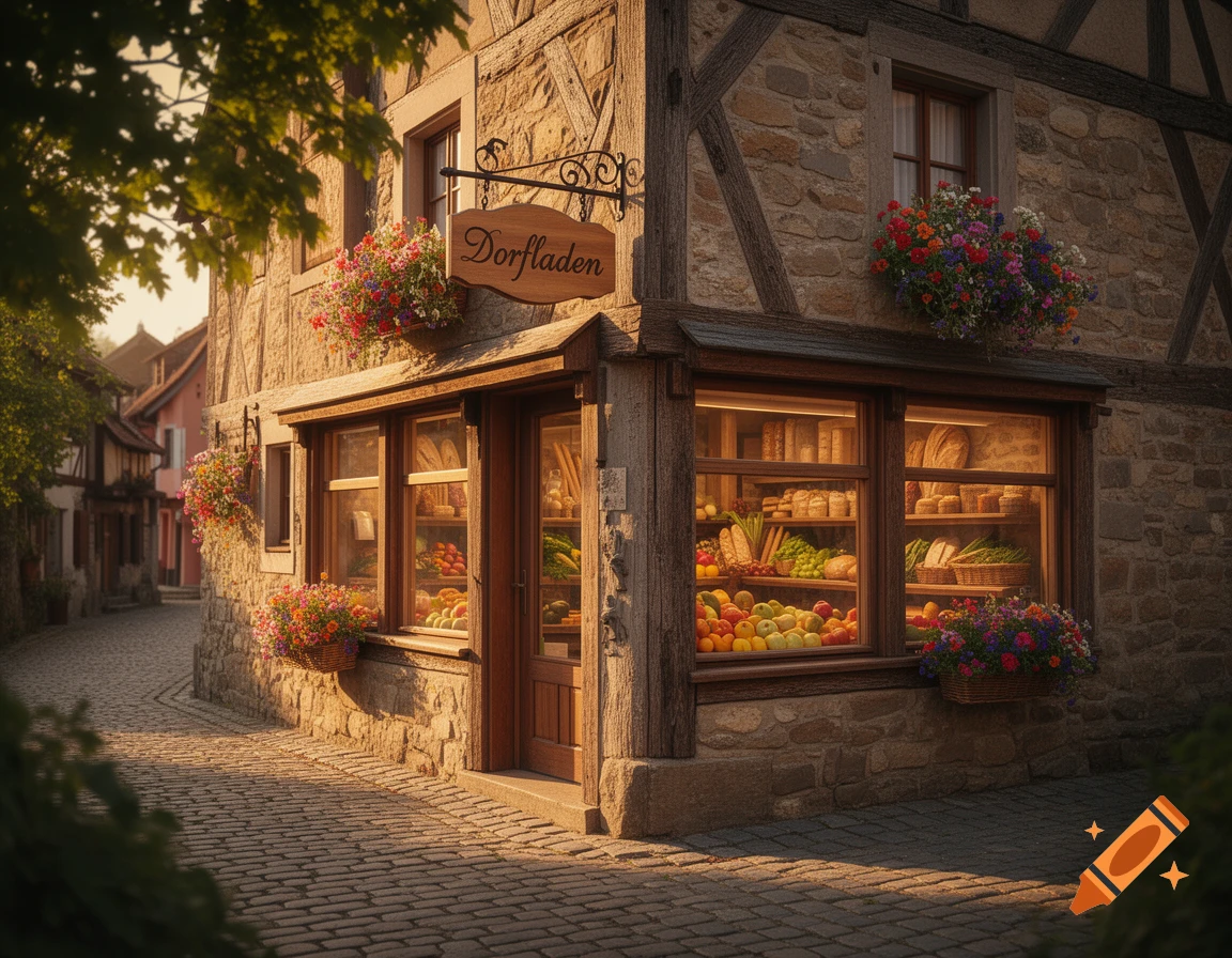 A charming stone village shop with flower baskets and windows displaying produce, set on a cobblestone street in warm sunlight.