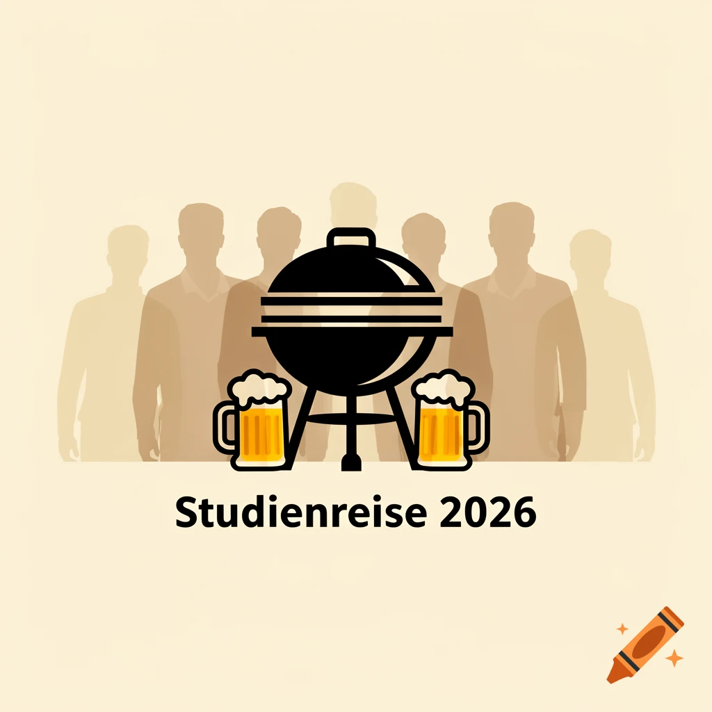 Logo with a black grill between two beer mugs, silhouettes of men in the background, and 'Studienreise 2026' text below.