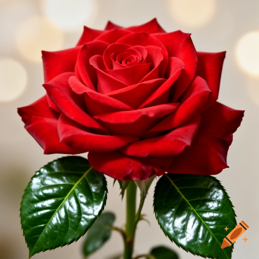 A vibrant red rose with green leaves stands against a softly blurred background, captured in a detailed, photorealistic style.