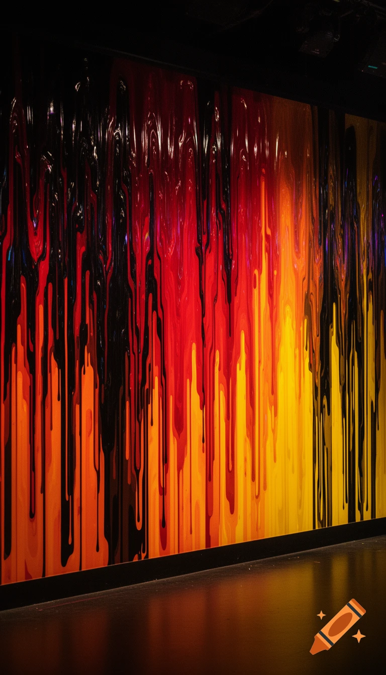 Vibrant abstract pattern of black, red, orange, and yellow paint dripping down a wall, with reflections on the floor.