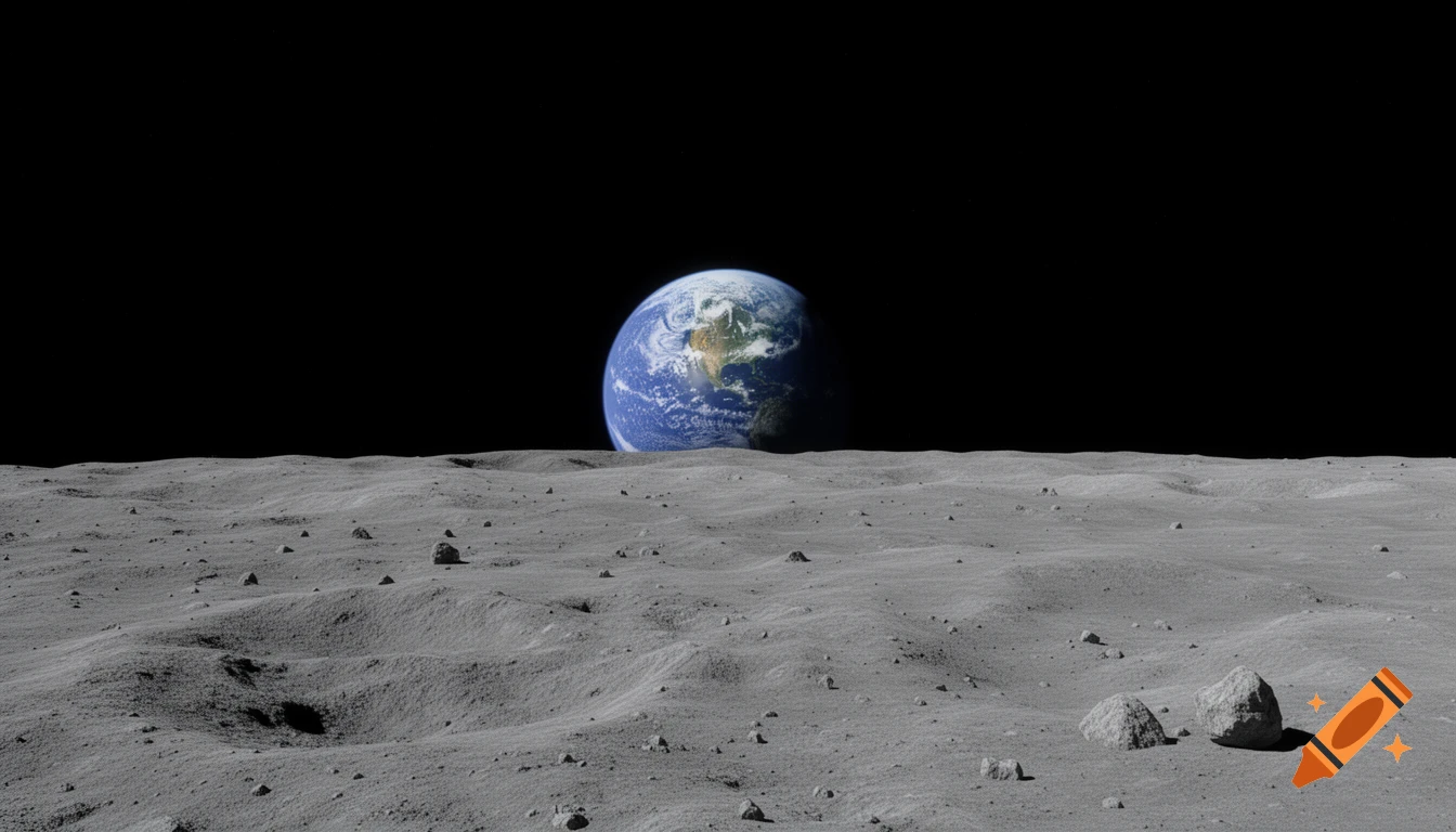 Photorealistic view of Earth rising over the rocky, cratered surface of the Moon.