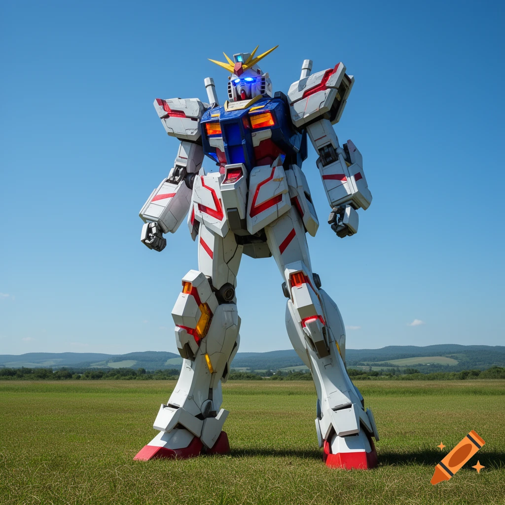 A giant photorealistic Gundam robot stands in a green field under a clear blue sky.