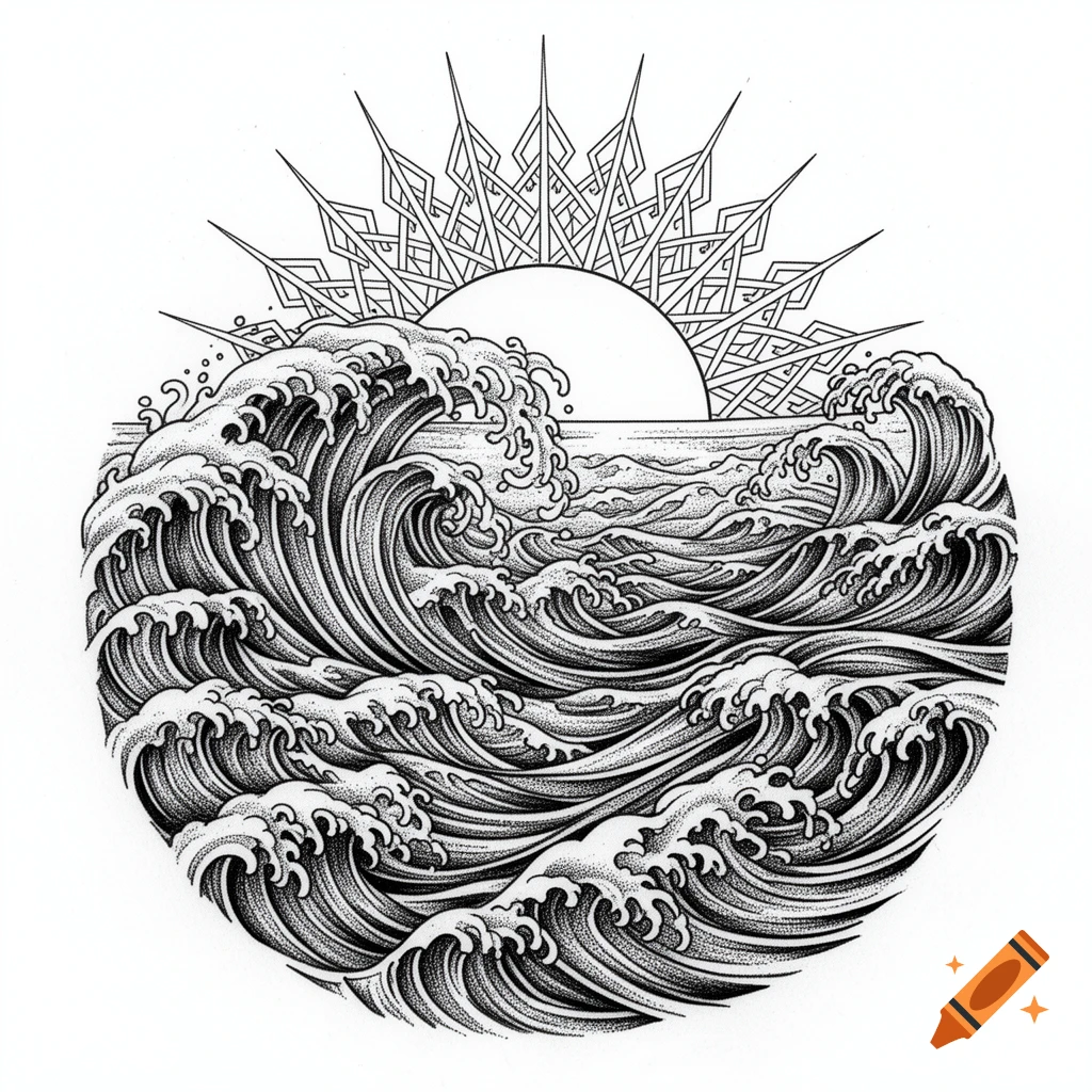 Black and white Nordic style tattoo design of large waves and a geometric sun in a circular frame.