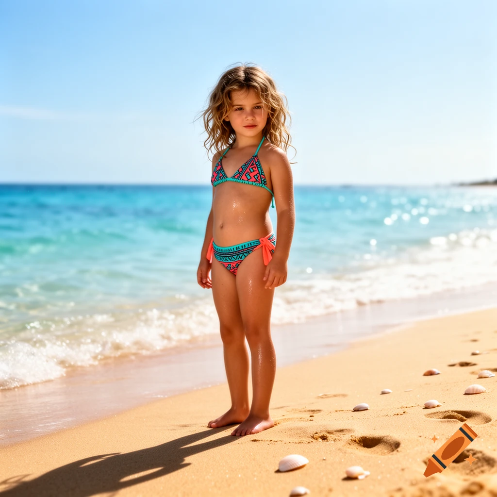 A young girl with wavy hair stands on a sandy beach, wearing a colorful patterned bikini, with blue ocean and sky in the background.
