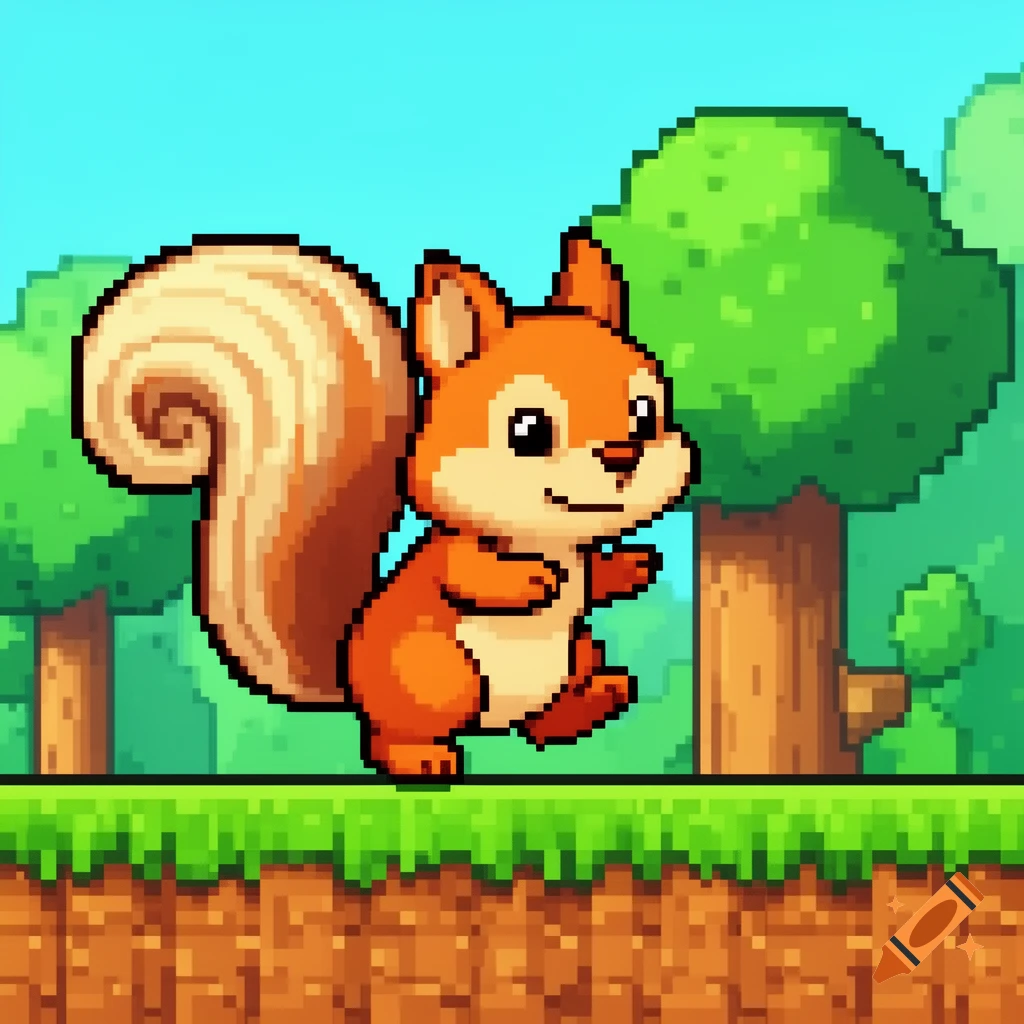 A cute pixel art squirrel with a bushy tail running on a grassy ledge in a forest.