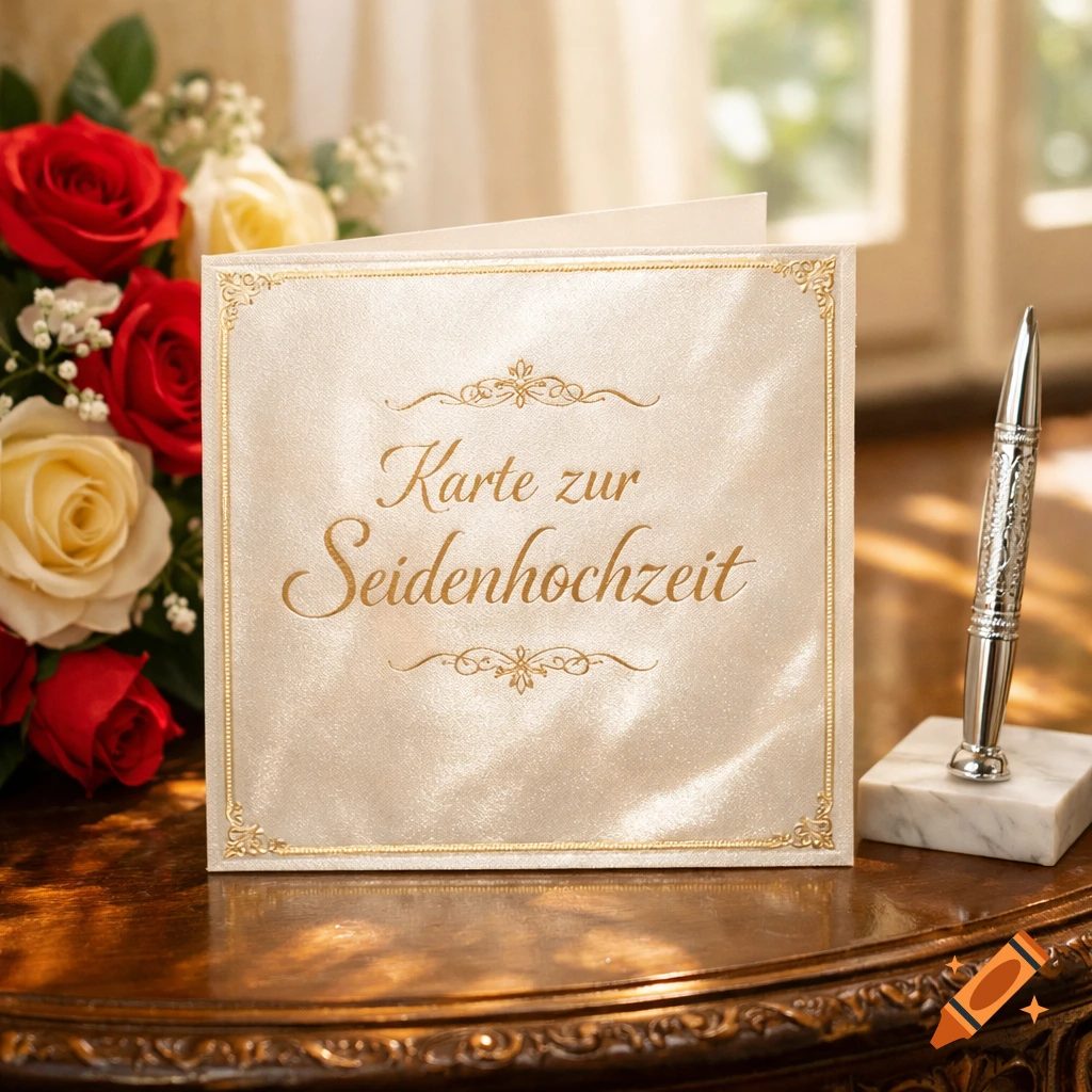 A luxurious greeting card with 'Karte zur Seidenhochzeit' (Card for Silk Wedding) text, surrounded by red and white roses, next to a silver pen on a wooden table.
