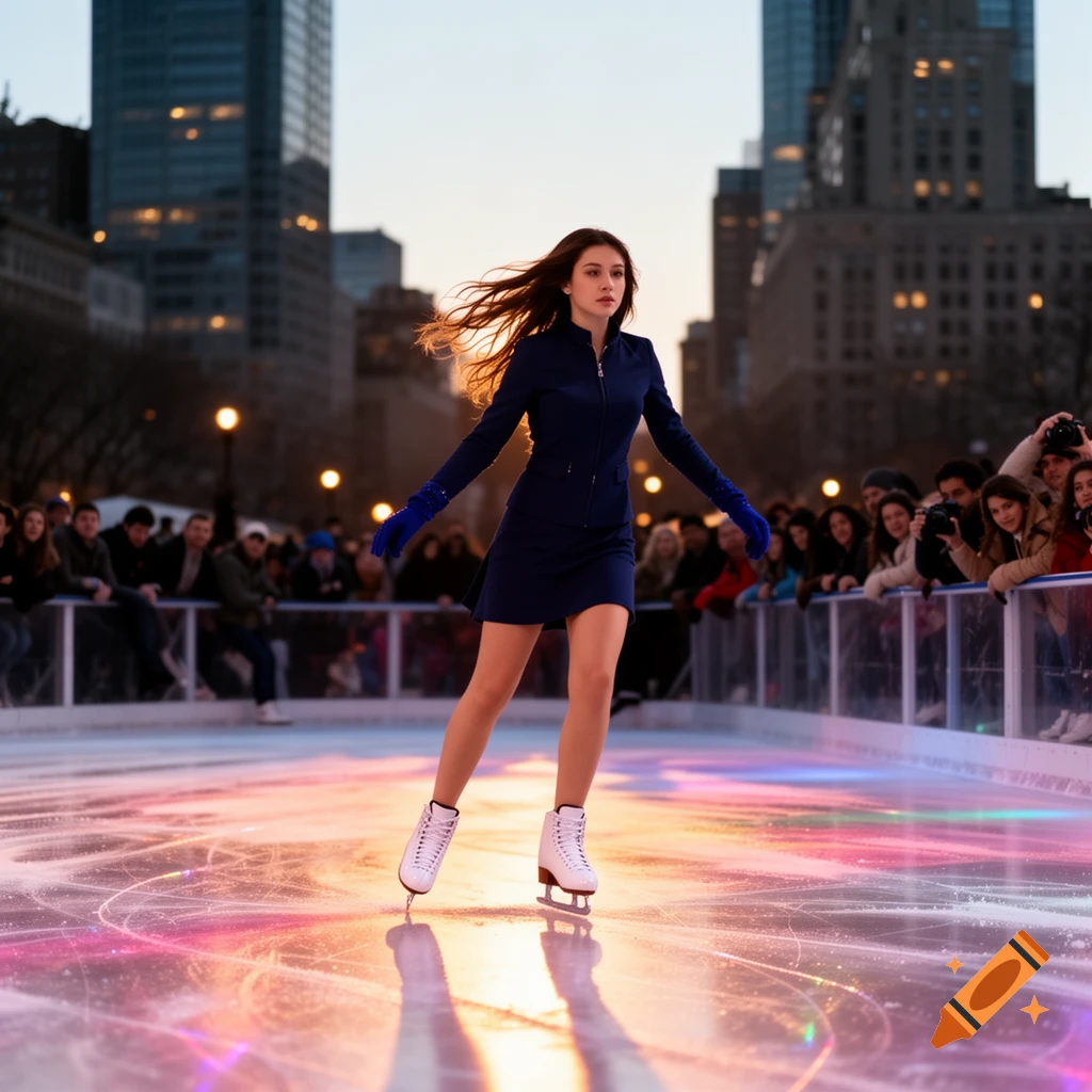A young woman in a blue dress ice skates on a vibrant rink in a city, with buildings and a crowd in the background. Photorealistic.