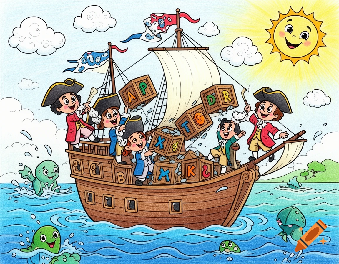 A colorful cartoon drawing of children dressed as colonial figures on a ship, throwing wooden crates into the ocean with cheerful green sea creatures.