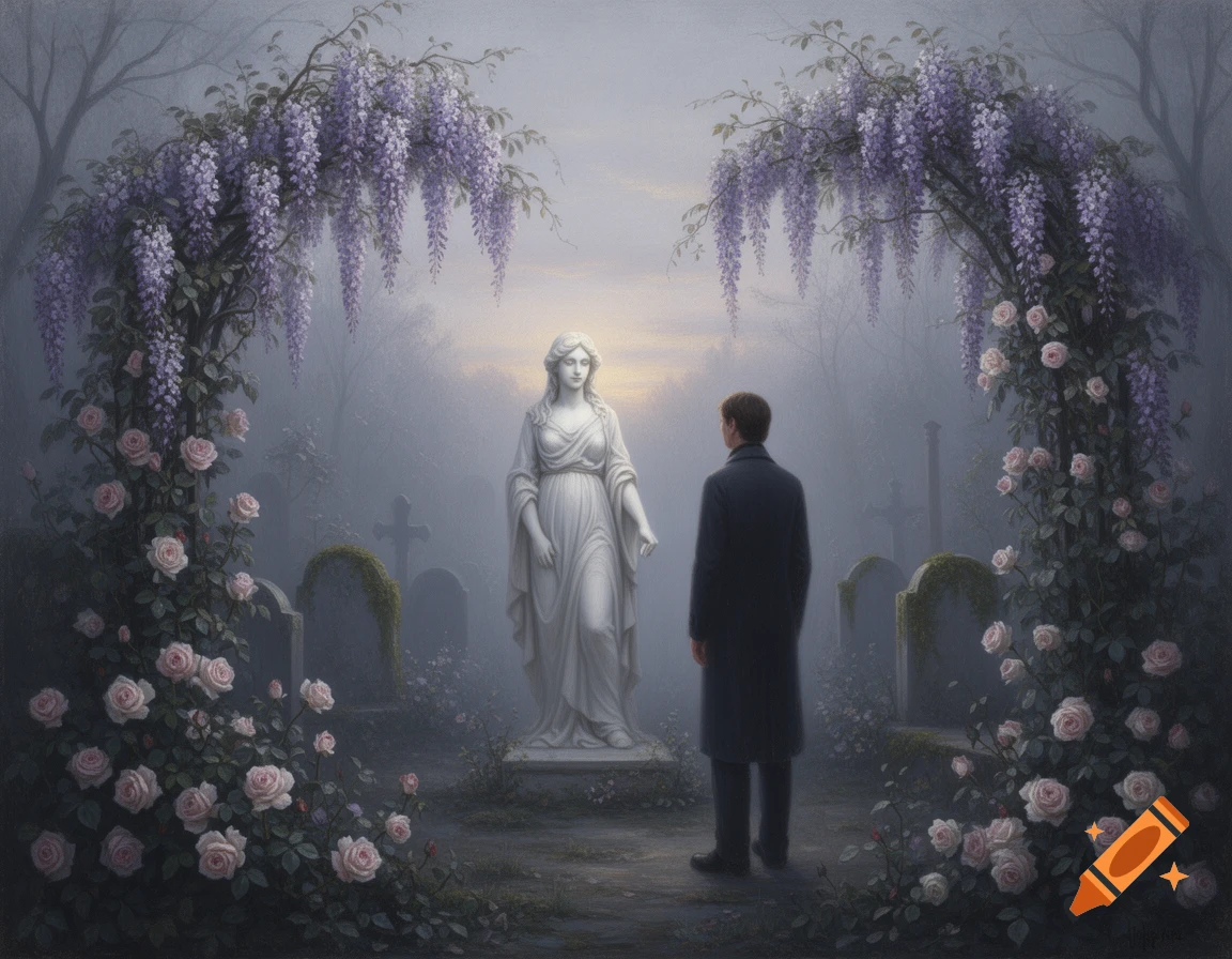 A man stands before a white statue in a misty, gothic cemetery garden framed by purple wisteria and pink roses, in a classical oil painting style.