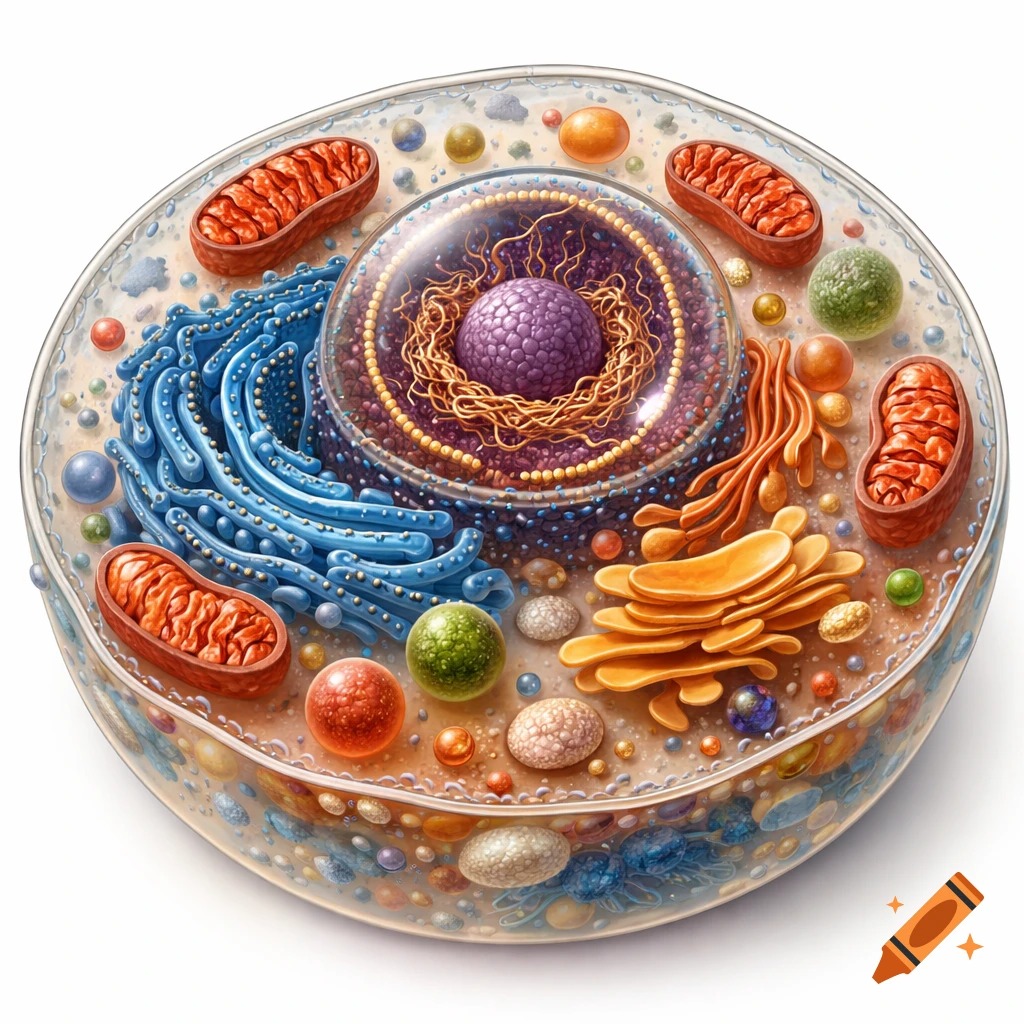 Detailed 3D cutaway diagram of a colorful animal cell showing its nucleus, mitochondria, and other organelles.