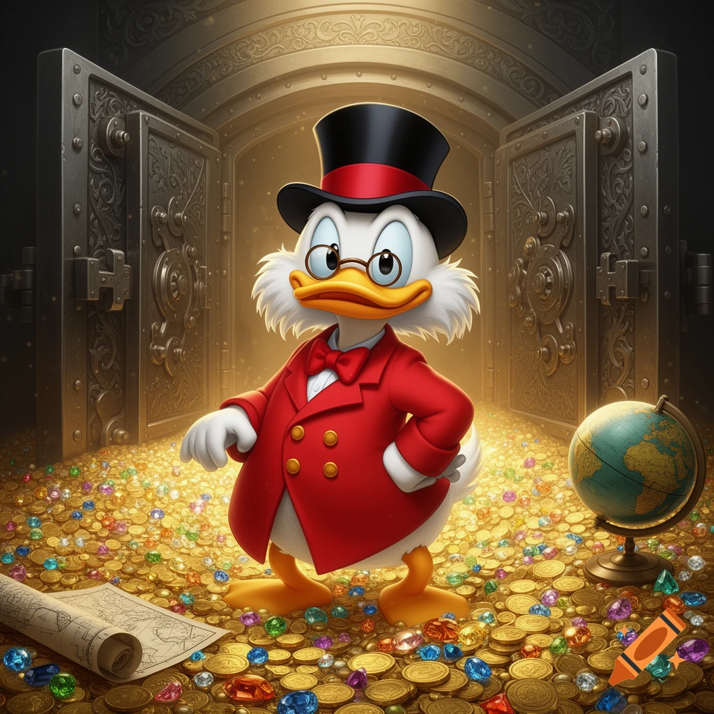 Scrooge McDuck, a cartoon duck in a top hat and red coat, stands in a golden vault filled with coins and jewels.