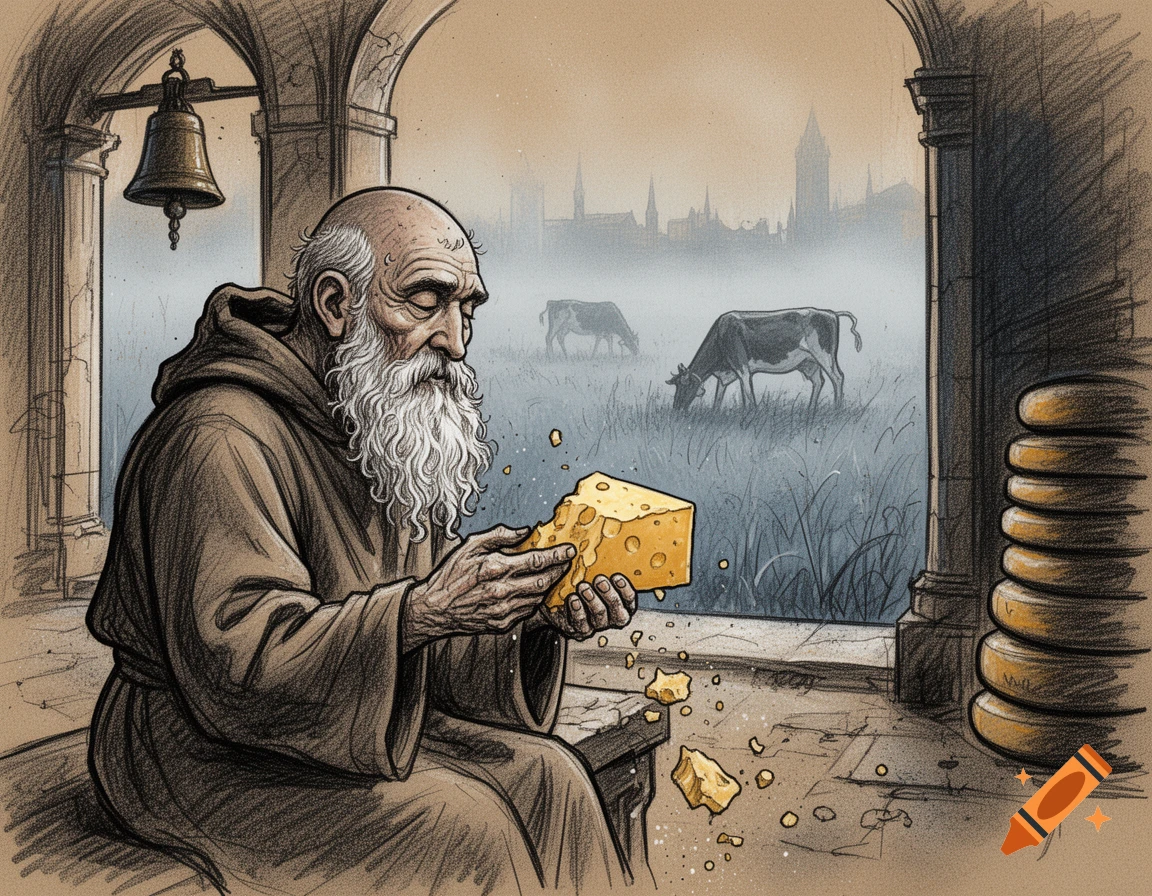 Sketch of a bearded monk in a cloister, breaking cheese. Cows graze in a misty valley background, with a bell and cheese wheels visible.