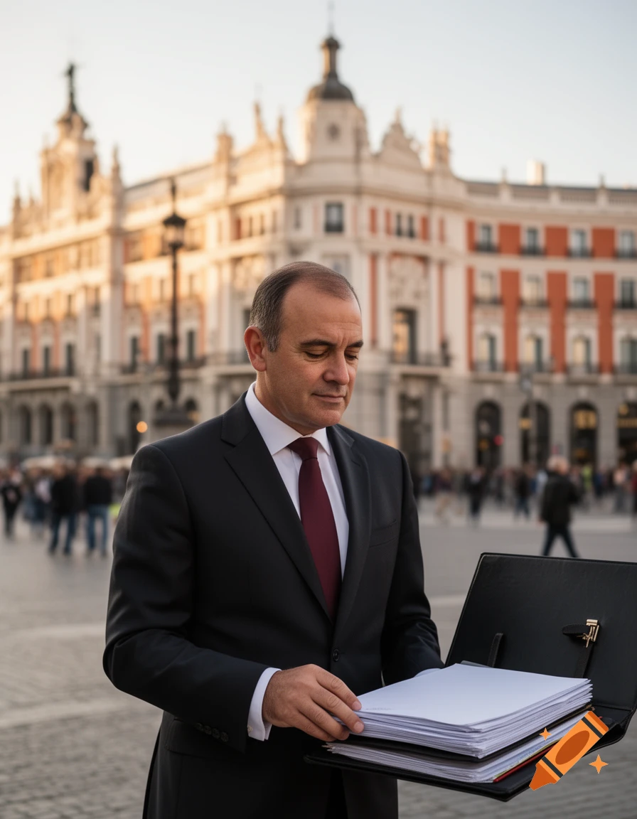 A man in a dark suit and red tie holds an open binder full of papers ...