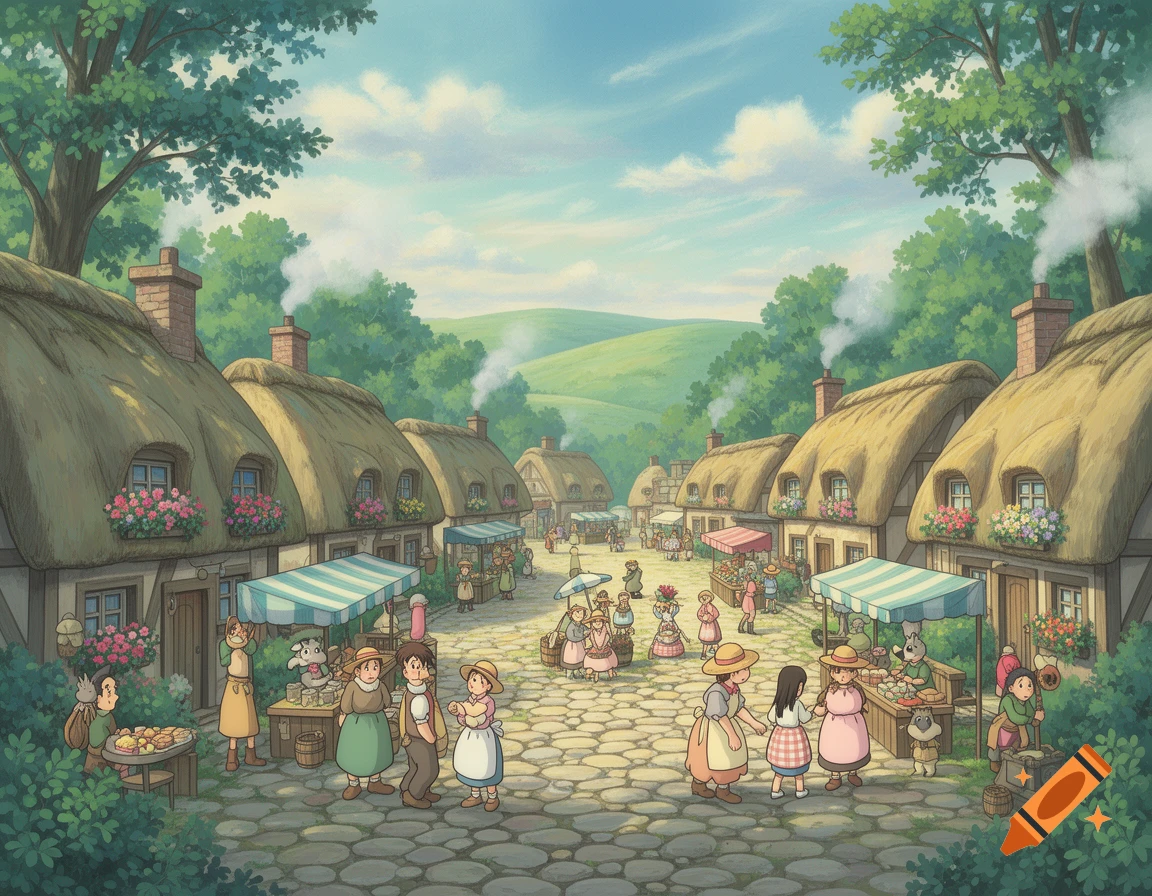 A vibrant illustration of a bustling Studio Ghibli-style village marketplace with thatched-roof houses and people.