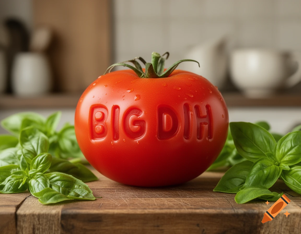 A photorealistic close-up of a red tomato with "BIG DIH" carved into its side, surrounded by basil leaves on a wooden cutting board.