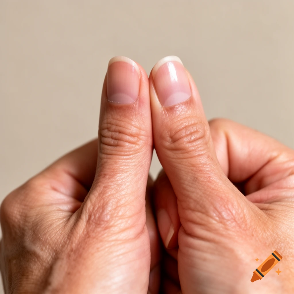 Close-up of two thumbs pressing together, showing nails and skin texture on a plain background.