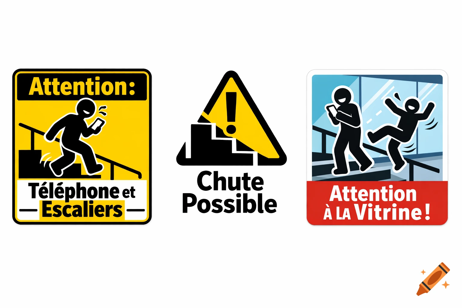 Three graphic warning signs illustrating fall risks on stairs due to phone use and other hazards.