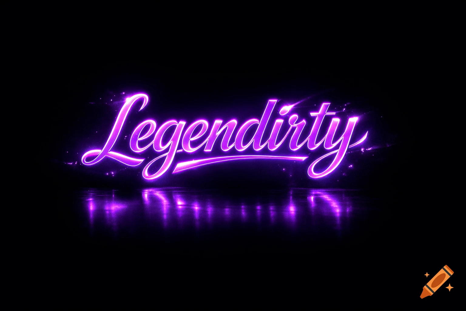 Purple neon sign spelling 'Legendirty' with reflections on a dark surface.