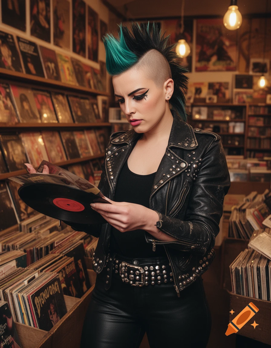 A punk woman with a green mohawk and studded leather jacket holds a vinyl record in a retro record shop.