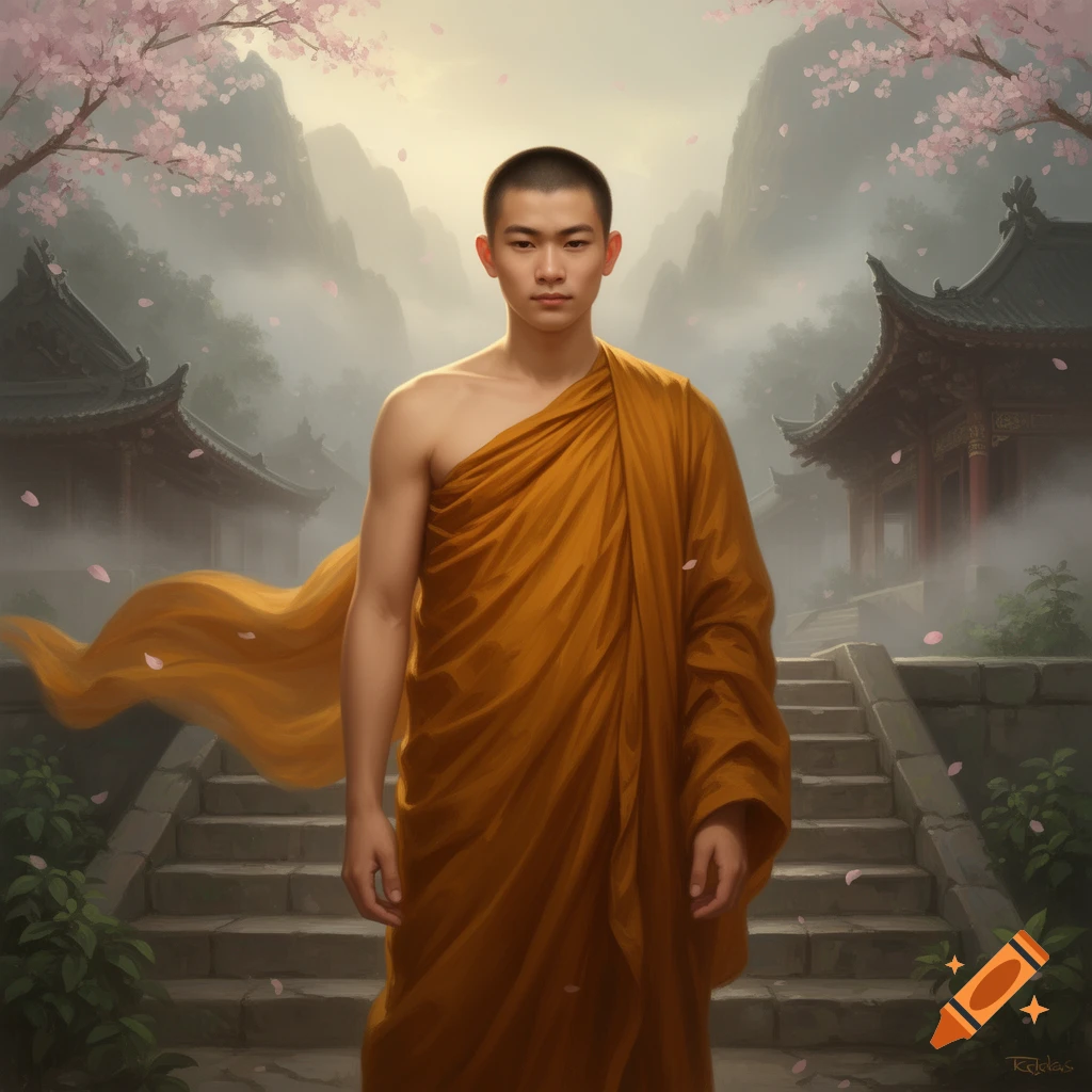 A young monk in an orange robe stands on temple steps amidst cherry blossoms and misty mountains, concept art.