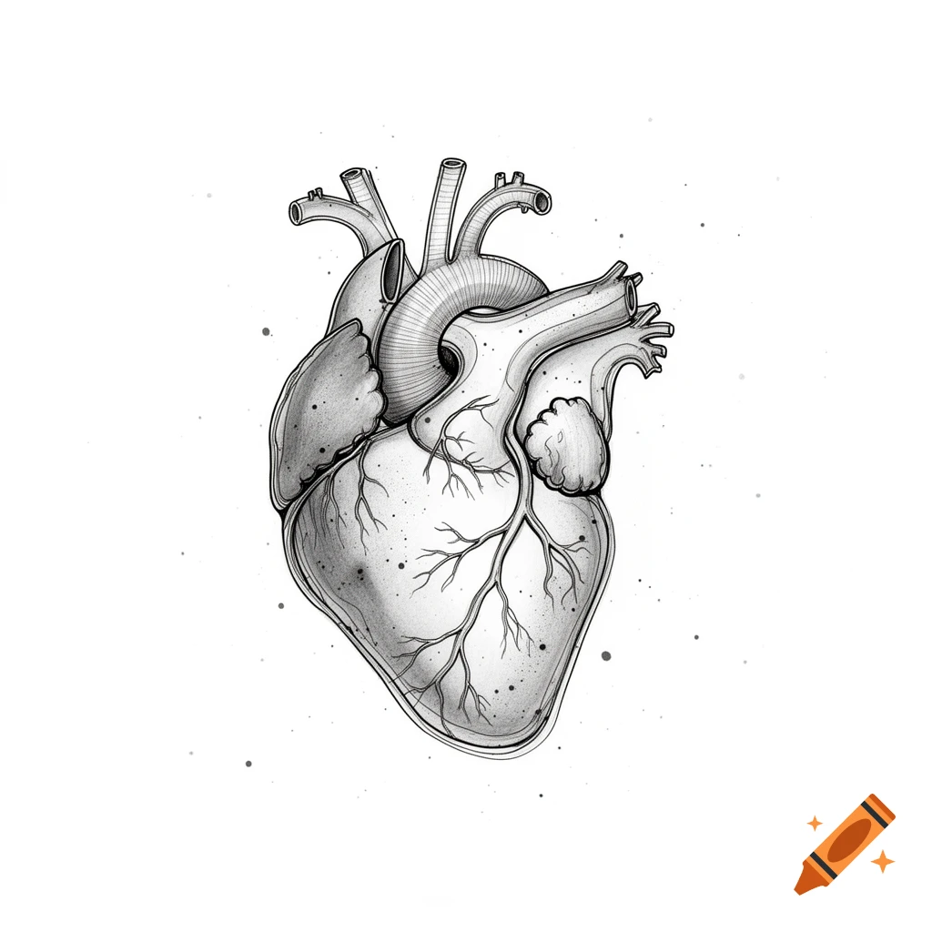 Black and white line drawing of an anatomical human heart with internal veins and arteries.